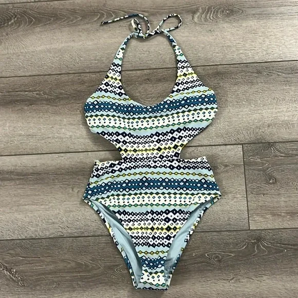 Aerie One Piece Bathing Suit Cut Out Blue Geometric Print Sz m - Picture 2 of 4